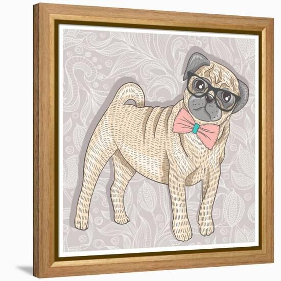 Hipster Pug with Glasses and Bowtie. Cute Puppy Illustration for Children and Kids. Dog Background.-cherry blossom girl-Framed Stretched Canvas