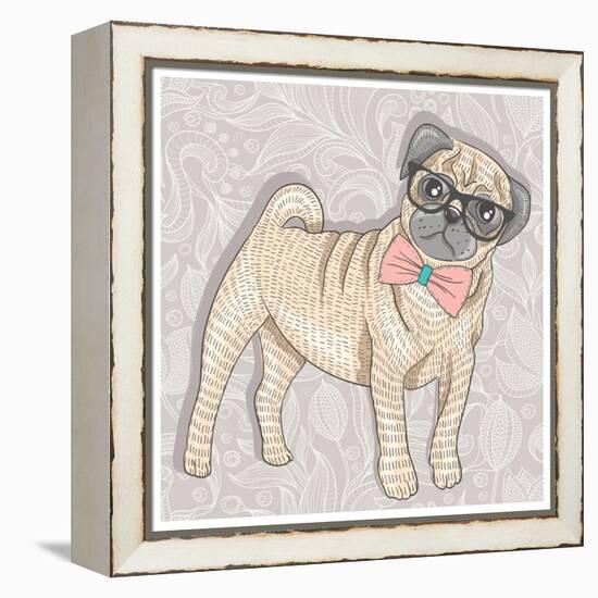 Hipster Pug with Glasses and Bowtie. Cute Puppy Illustration for Children and Kids. Dog Background.-cherry blossom girl-Framed Stretched Canvas