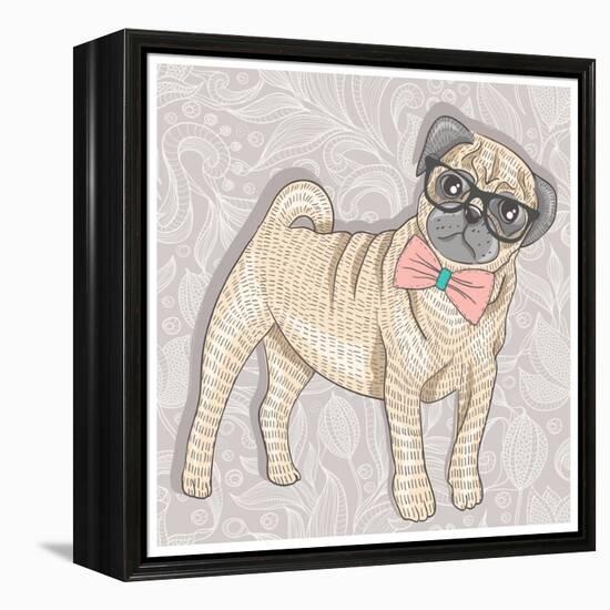 Hipster Pug with Glasses and Bowtie. Cute Puppy Illustration for Children and Kids. Dog Background.-cherry blossom girl-Framed Stretched Canvas