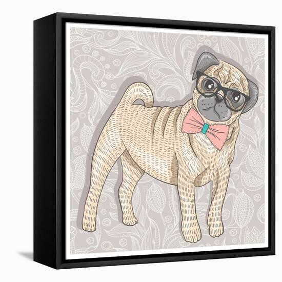 Hipster Pug with Glasses and Bowtie. Cute Puppy Illustration for Children and Kids. Dog Background.-cherry blossom girl-Framed Stretched Canvas