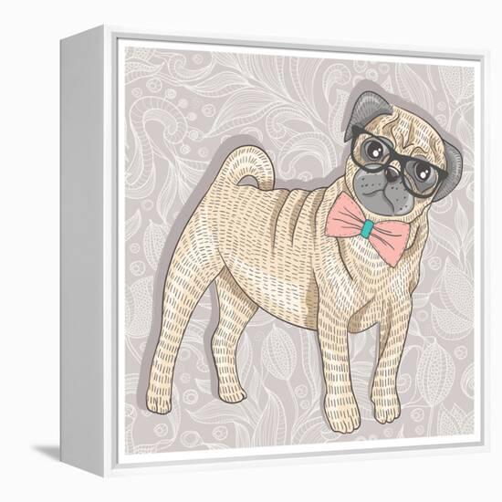 Hipster Pug with Glasses and Bowtie. Cute Puppy Illustration for Children and Kids. Dog Background.-cherry blossom girl-Framed Stretched Canvas