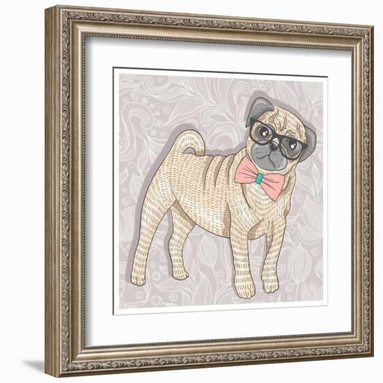 Hipster Pug with Glasses and Bowtie. Cute Puppy Illustration for Children and Kids. Dog Background.-cherry blossom girl-Framed Art Print