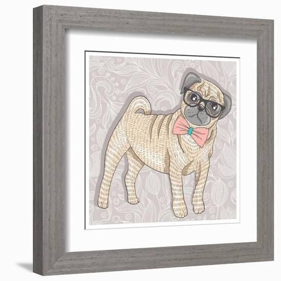 Hipster Pug with Glasses and Bowtie. Cute Puppy Illustration for Children and Kids. Dog Background.-cherry blossom girl-Framed Art Print