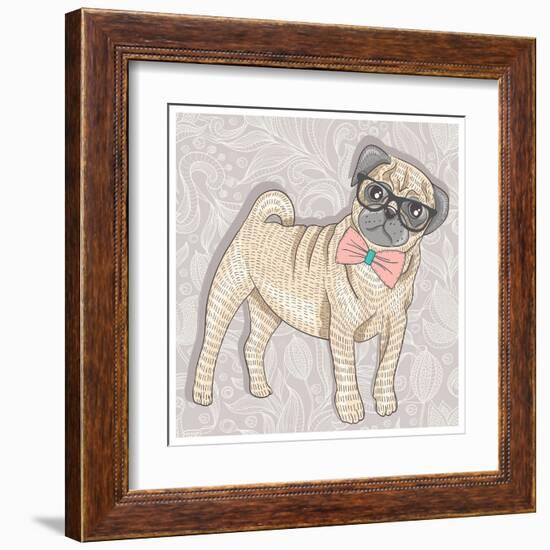 Hipster Pug with Glasses and Bowtie. Cute Puppy Illustration for Children and Kids. Dog Background.-cherry blossom girl-Framed Art Print