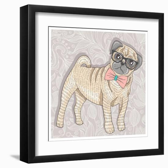 Hipster Pug with Glasses and Bowtie. Cute Puppy Illustration for Children and Kids. Dog Background.-cherry blossom girl-Framed Art Print