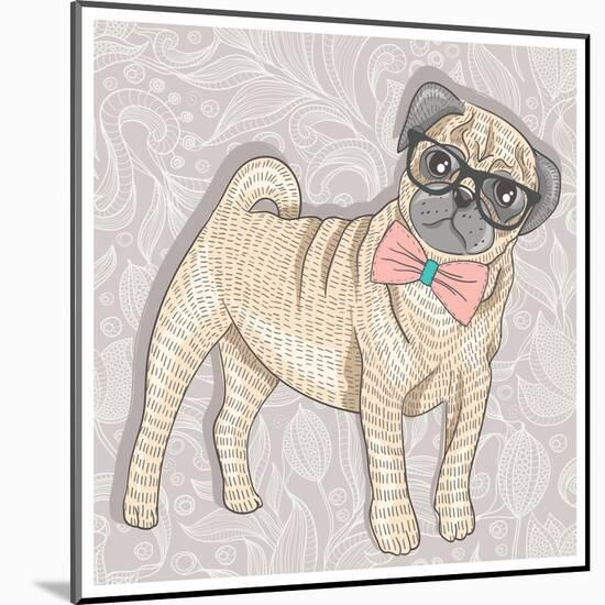 Hipster Pug with Glasses and Bowtie. Cute Puppy Illustration for Children and Kids. Dog Background.-cherry blossom girl-Mounted Art Print