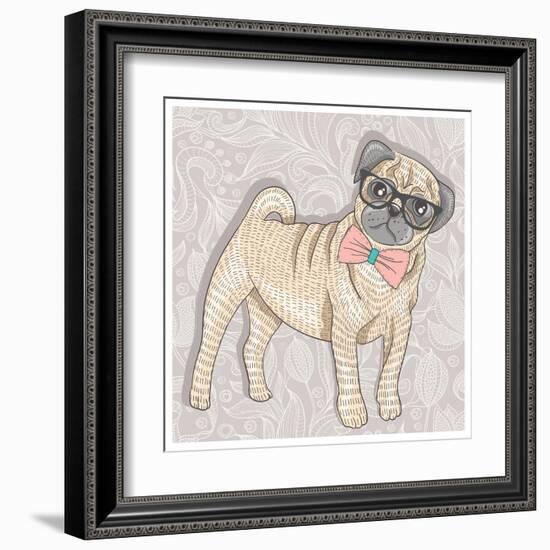 Hipster Pug with Glasses and Bowtie. Cute Puppy Illustration for Children and Kids. Dog Background.-cherry blossom girl-Framed Art Print