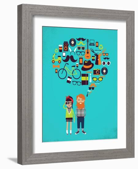 Hipster Speech Bubble With Icons And Stylish Young Couple-Marish-Framed Art Print