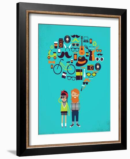 Hipster Speech Bubble With Icons And Stylish Young Couple-Marish-Framed Art Print