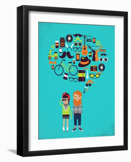 Hipster Speech Bubble With Icons And Stylish Young Couple-Marish-Framed Art Print