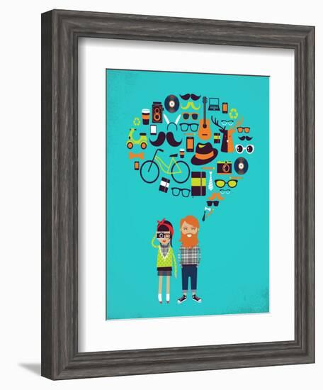 Hipster Speech Bubble With Icons And Stylish Young Couple-Marish-Framed Art Print