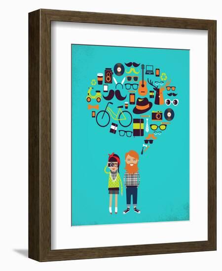 Hipster Speech Bubble With Icons And Stylish Young Couple-Marish-Framed Art Print