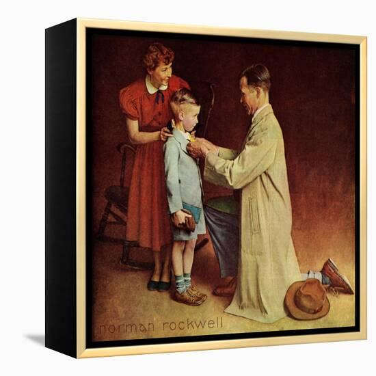 His First Day at School-Norman Rockwell-Framed Premier Image Canvas