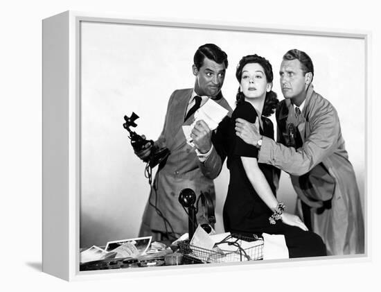 HIS GIRL FRIDAY, 1940 directed by HOWARD HAWKS Cary Grant, Rosalind Russell and Ralph Bellamy (b/w-null-Framed Stretched Canvas