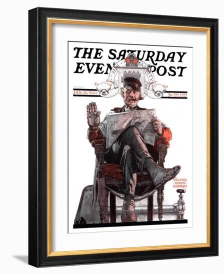 "His Majesty the Janitor," Saturday Evening Post Cover, January 13, 1923-Walter Beach Humphrey-Framed Giclee Print