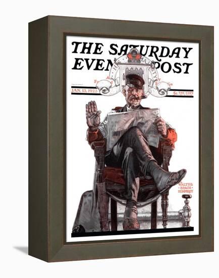 "His Majesty the Janitor," Saturday Evening Post Cover, January 13, 1923-Walter Beach Humphrey-Framed Premier Image Canvas
