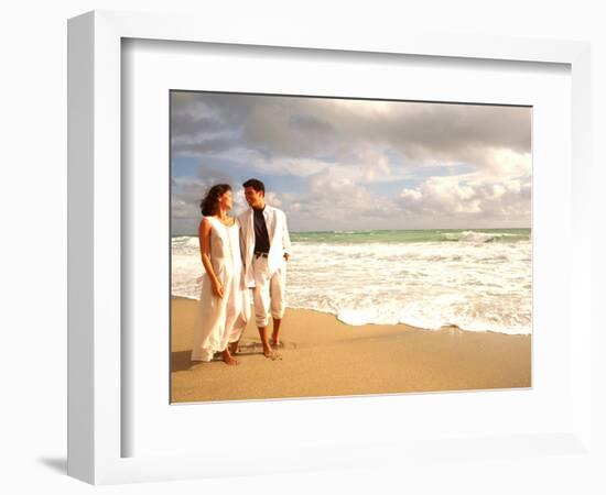 Hispanic Couple Walking Together on the Beach-Bill Bachmann-Framed Photographic Print