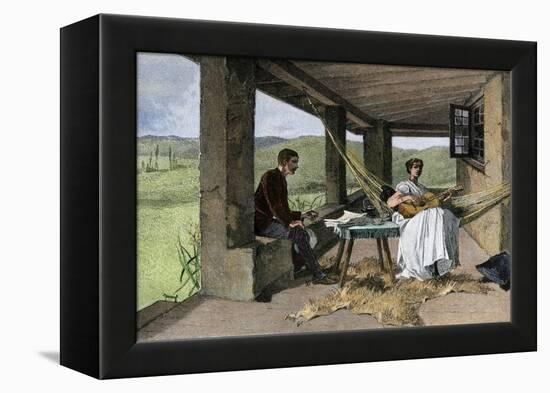 Hispanic Girl Playing Guitar on a Ranch Portico, 1800s-null-Framed Premier Image Canvas