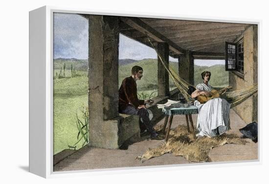 Hispanic Girl Playing Guitar on a Ranch Portico, 1800s-null-Framed Premier Image Canvas