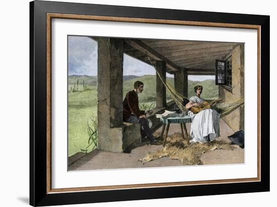 Hispanic Girl Playing Guitar on a Ranch Portico, 1800s-null-Framed Giclee Print