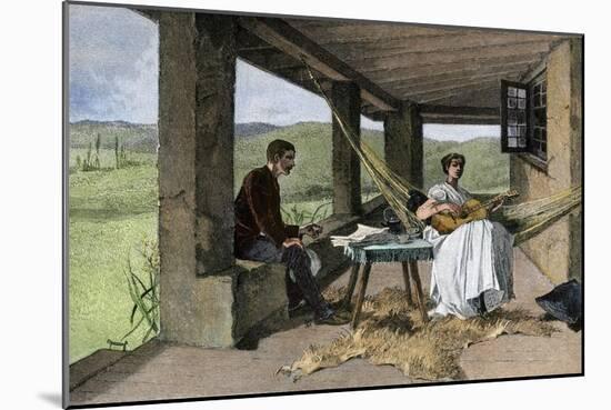 Hispanic Girl Playing Guitar on a Ranch Portico, 1800s-null-Mounted Giclee Print