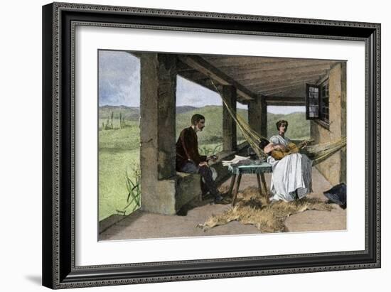 Hispanic Girl Playing Guitar on a Ranch Portico, 1800s-null-Framed Giclee Print