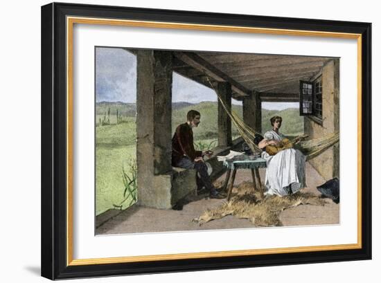 Hispanic Girl Playing Guitar on a Ranch Portico, 1800s-null-Framed Giclee Print