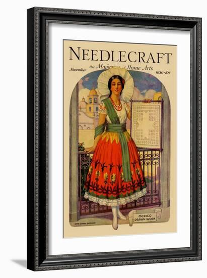 Hispanic Holds Up a Lace Design on a Frame-Needlecraft Magazine-Framed Art Print