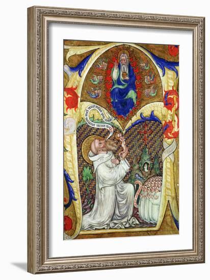 Historiated Initial 'A' Depicting St. Benedict Offering His Soul to God the Father, Lombardy School-Master of the Vitae Imperatorum-Framed Giclee Print