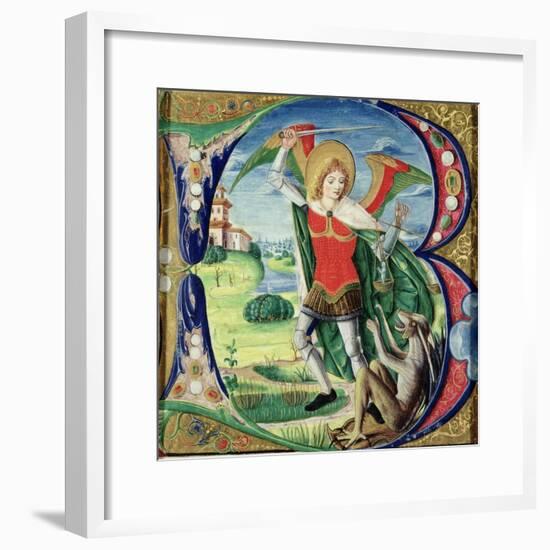 Historiated Initial 'B' Depicting St. Michael and the Dragon, 1499-1511 (Vellum)-Alessandro Pampurino-Framed Giclee Print