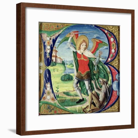 Historiated Initial 'B' Depicting St. Michael and the Dragon, 1499-1511 (Vellum)-Alessandro Pampurino-Framed Giclee Print