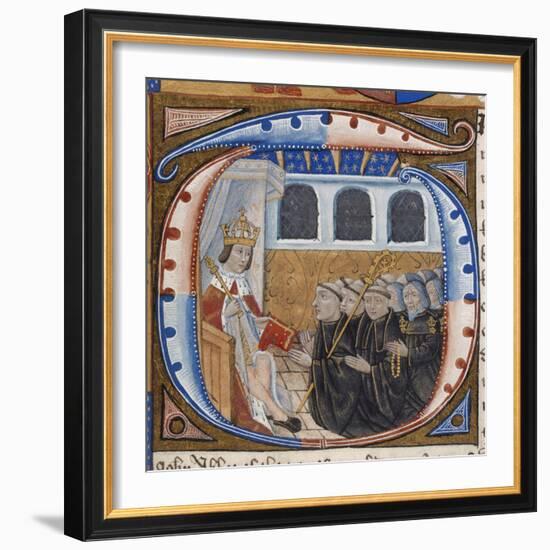 Historiated Initial depicting King Henry VII receiving the book-English-Framed Giclee Print