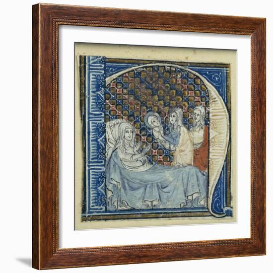 Historiated Initial 'H' Depicting the Birth of the Virgin, C.1320-30 (Vellum)-French-Framed Giclee Print