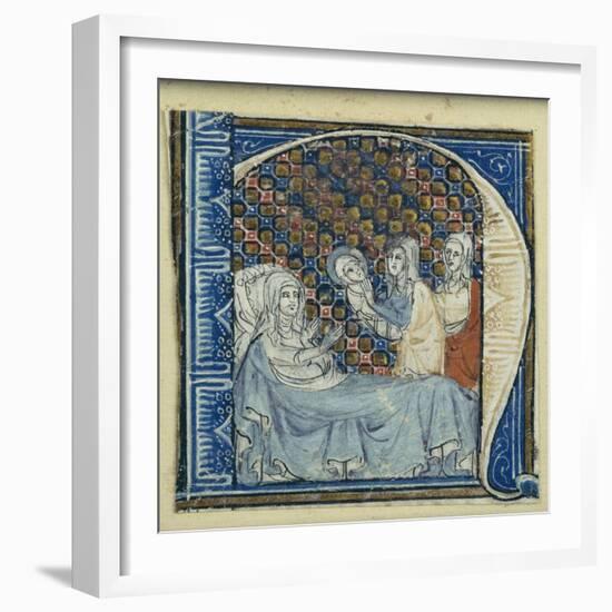 Historiated Initial 'H' Depicting the Birth of the Virgin, C.1320-30 (Vellum)-French-Framed Giclee Print