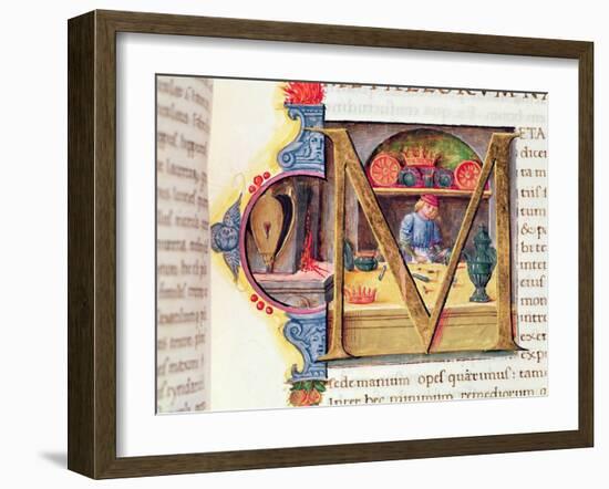 Historiated Initial 'M' Depicting a Metalworker, from the 'Naturalis Historia' by Pliny the Elder-Italian-Framed Giclee Print