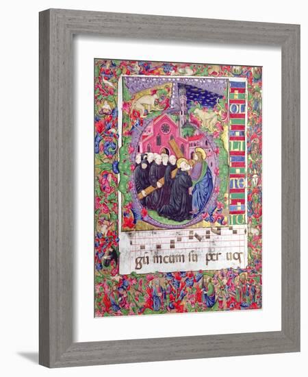 Historiated Initial 'Q', Depicting Christ Holding the Cross of St. Benedict and Benedictine Monks-Italian-Framed Giclee Print