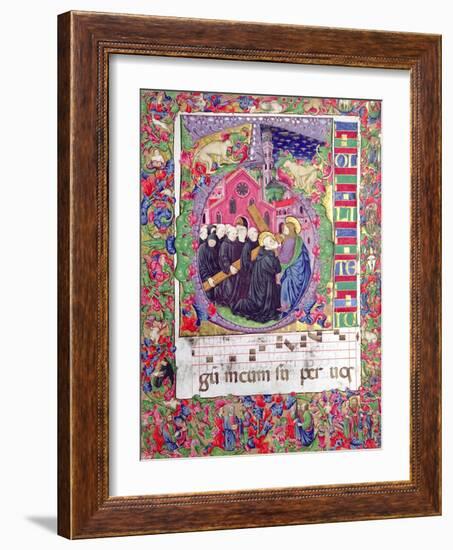 Historiated Initial 'Q', Depicting Christ Holding the Cross of St. Benedict and Benedictine Monks-Italian-Framed Giclee Print