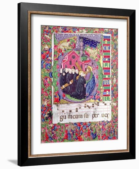 Historiated Initial 'Q', Depicting Christ Holding the Cross of St. Benedict and Benedictine Monks-Italian-Framed Giclee Print