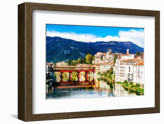Historic buildings and Ponte Degli Alpini reflected in river Brenta, Bassano Del Grappa-Roberto Moiola-Framed Photographic Print