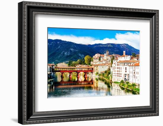 Historic buildings and Ponte Degli Alpini reflected in river Brenta, Bassano Del Grappa-Roberto Moiola-Framed Photographic Print