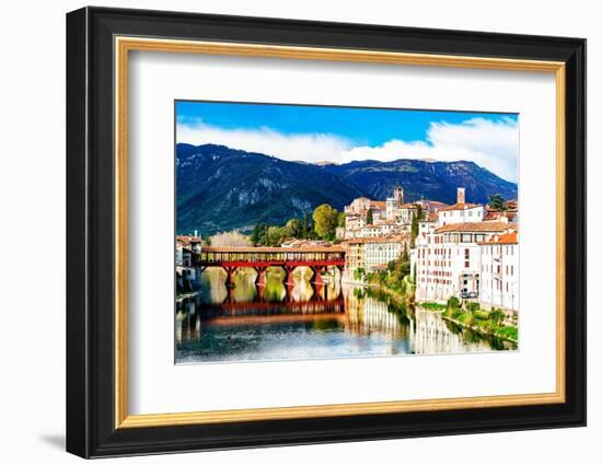 Historic buildings and Ponte Degli Alpini reflected in river Brenta, Bassano Del Grappa-Roberto Moiola-Framed Photographic Print