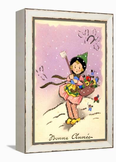 Historic Greeting Card, Birthday Card with a Child and a Basket of Flowers, France, 1890, Historic-Unknown Artist-Framed Premier Image Canvas