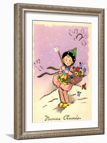 Historic Greeting Card, Birthday Card with a Child and a Basket of Flowers, France, 1890, Historic-Unknown Artist-Framed Giclee Print