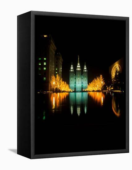 Historic Temple and Square in Salt Lake City at night, during 2002 Winter Olympics, UT-null-Framed Premier Image Canvas