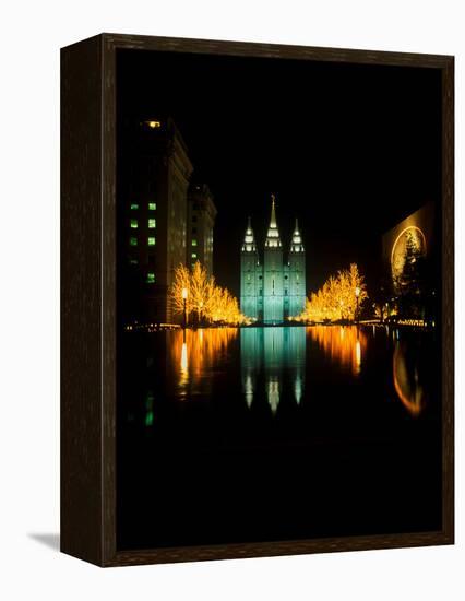 Historic Temple and Square in Salt Lake City at night, during 2002 Winter Olympics, UT-null-Framed Premier Image Canvas