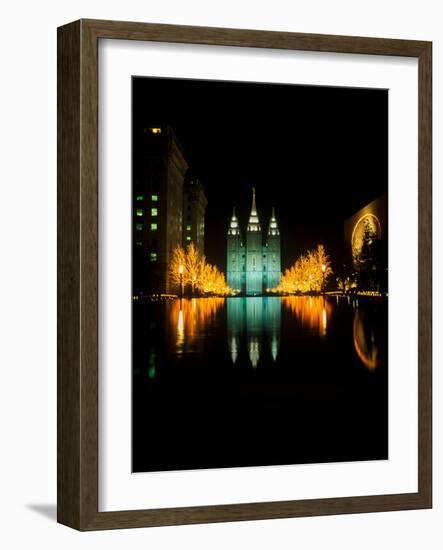 Historic Temple and Square in Salt Lake City at night, during 2002 Winter Olympics, UT-null-Framed Photographic Print