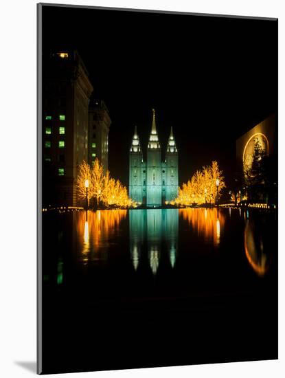 Historic Temple and Square in Salt Lake City at night, during 2002 Winter Olympics, UT-null-Mounted Photographic Print