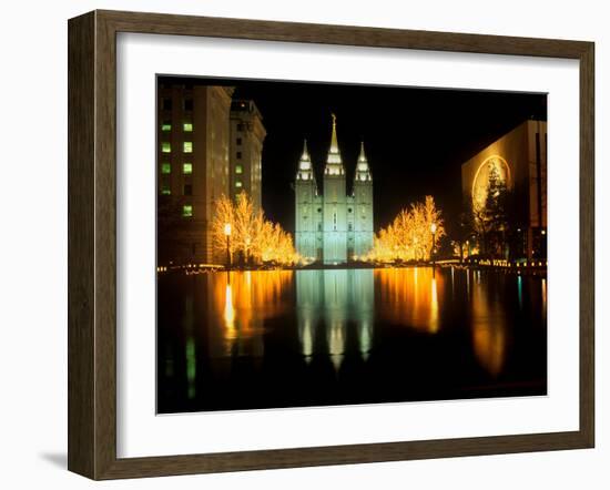 Historic Temple and Square in Salt Lake City at night, during 2002 Winter Olympics, UT-null-Framed Photographic Print