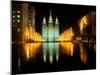 Historic Temple and Square in Salt Lake City at night, during 2002 Winter Olympics, UT-null-Mounted Photographic Print