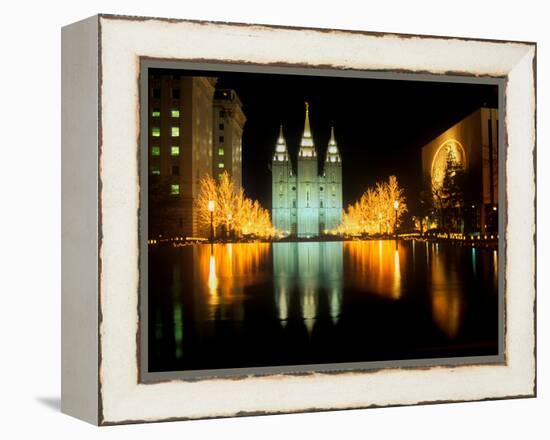 Historic Temple and Square in Salt Lake City at night, during 2002 Winter Olympics, UT-null-Framed Premier Image Canvas